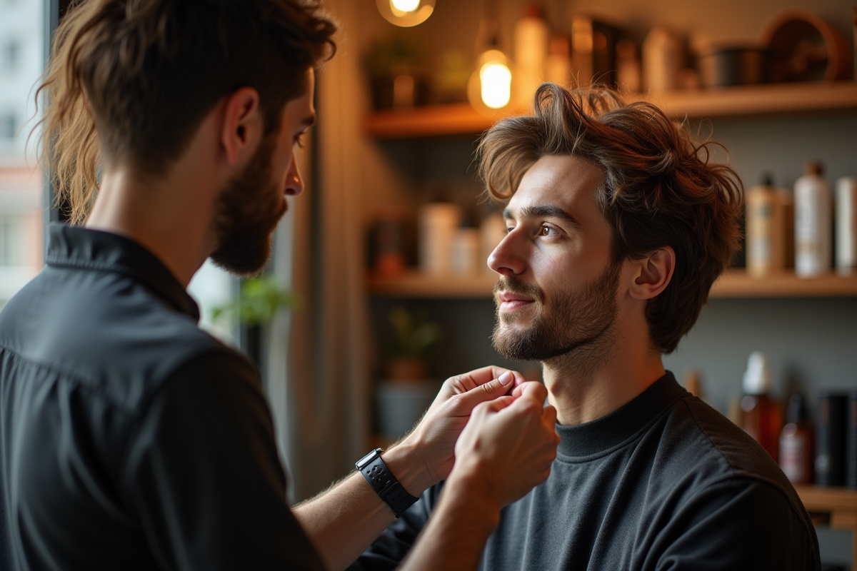 Jeune homme avec cheveux en désordre en consultation avec un coiffeur