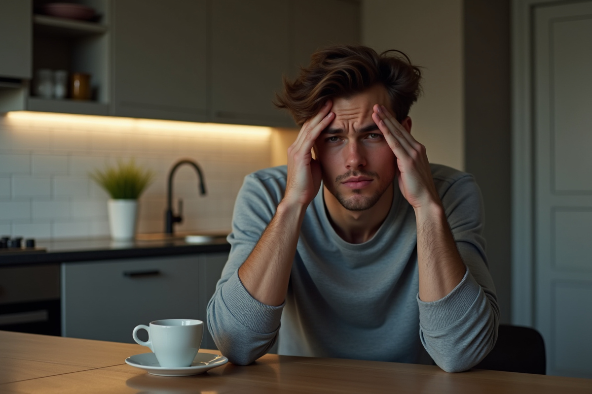 Jeune homme fatigué assis à la table de cuisine le soir
