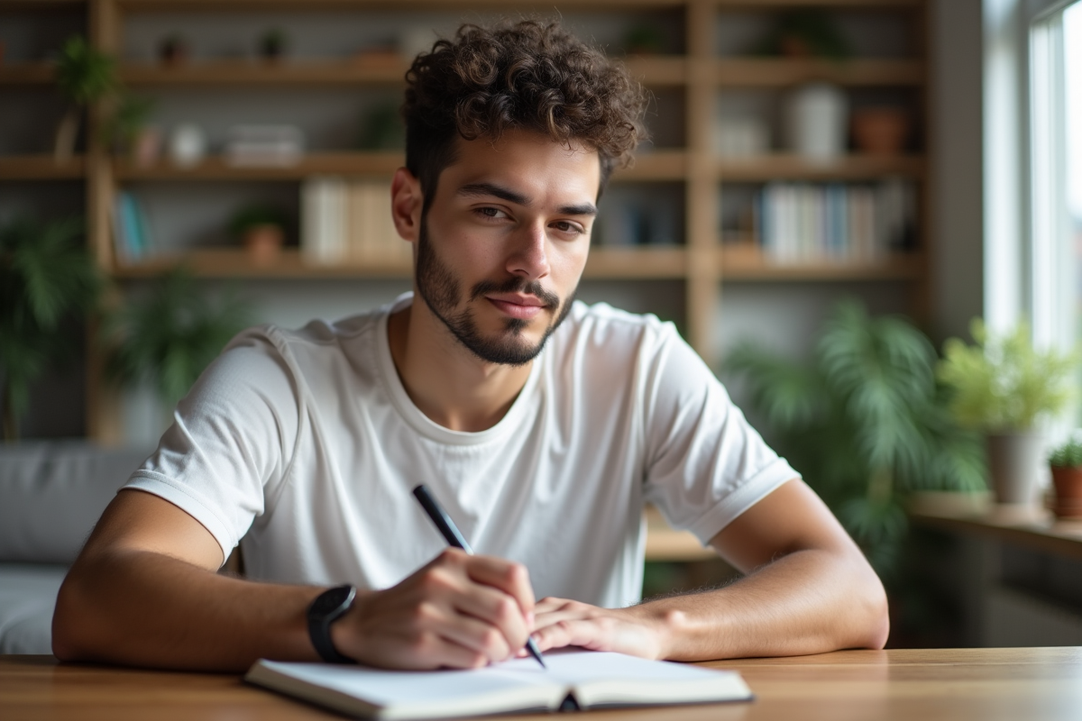 Jeune homme dessinant son autoportrait au intérieur