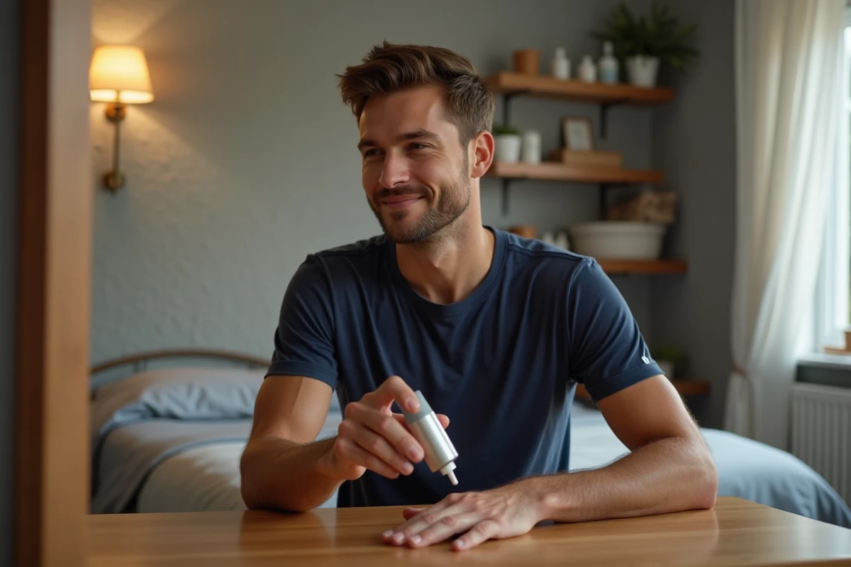 Jeune homme prépare primer sur sa main dans chambre chaleureuse