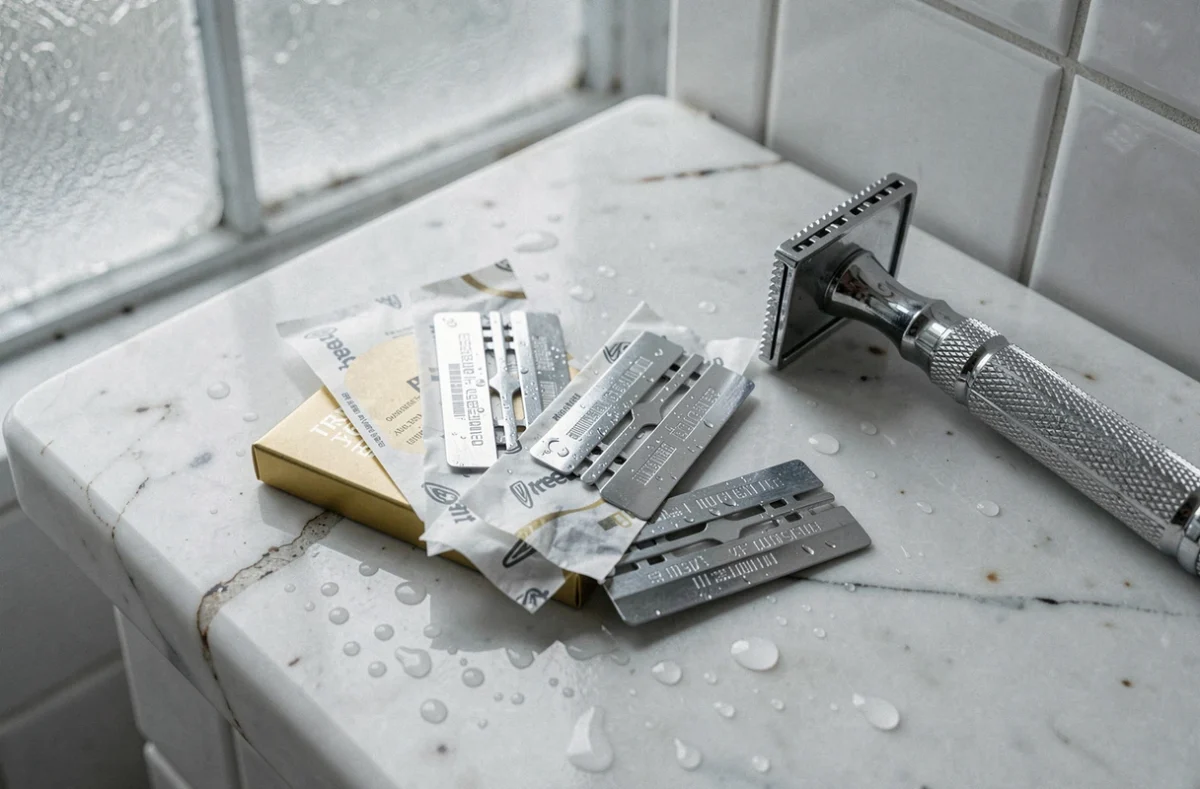 Lames de rasoir de sûreté Treet en comparatif sur un comptoir en marbre de salle de bain