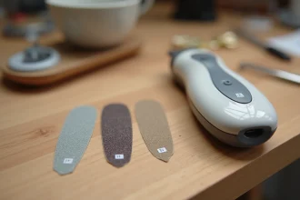 Lime électrique Lidl posée sur un établi en bois avec des bandes abrasives compatibles de différents grains arrangées à côté