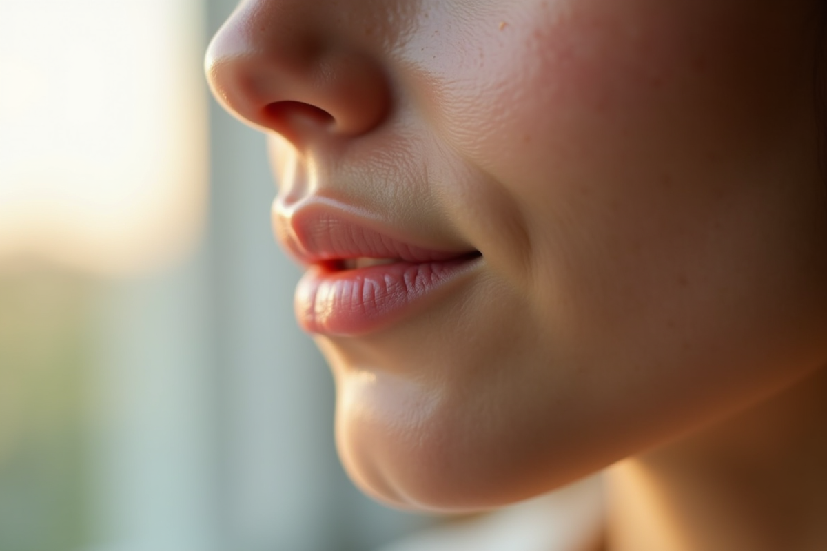 Zoom sur une joue et nez avec pores réduits et peau éclatante