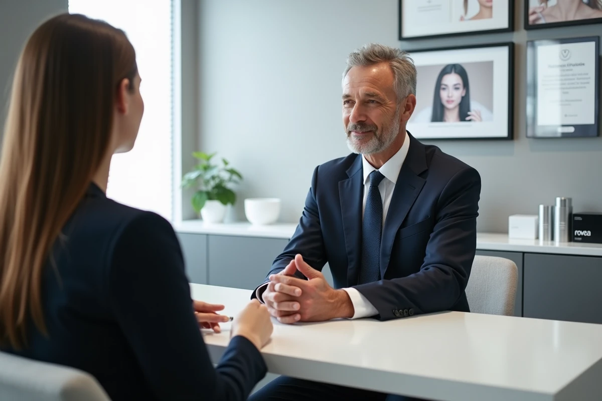 Médecin esthétique en consultation avec une patiente devant un écran d'analyse cutanée dans une clinique privée moderne