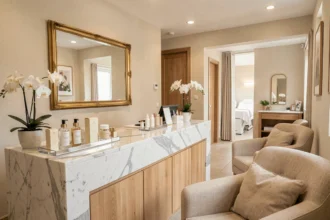 Réception d'un institut de beauté élégant en Vendée avec comptoir en marbre, produits cosmétiques et décoration florale