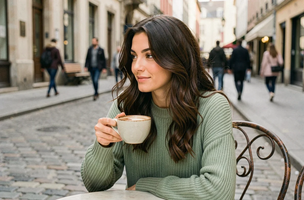 Jeune femme aux cheveux fins ondulés coiffés avec diffuseur attablée en terrasse de café