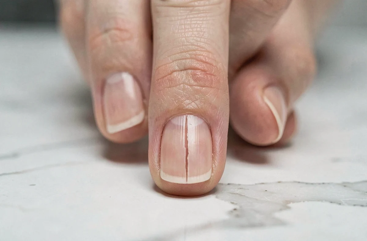 Gros plan d'un ongle fendu verticalement sur un doigt de femme posé sur marbre blanc, montrant clairement la fissure longitudinale