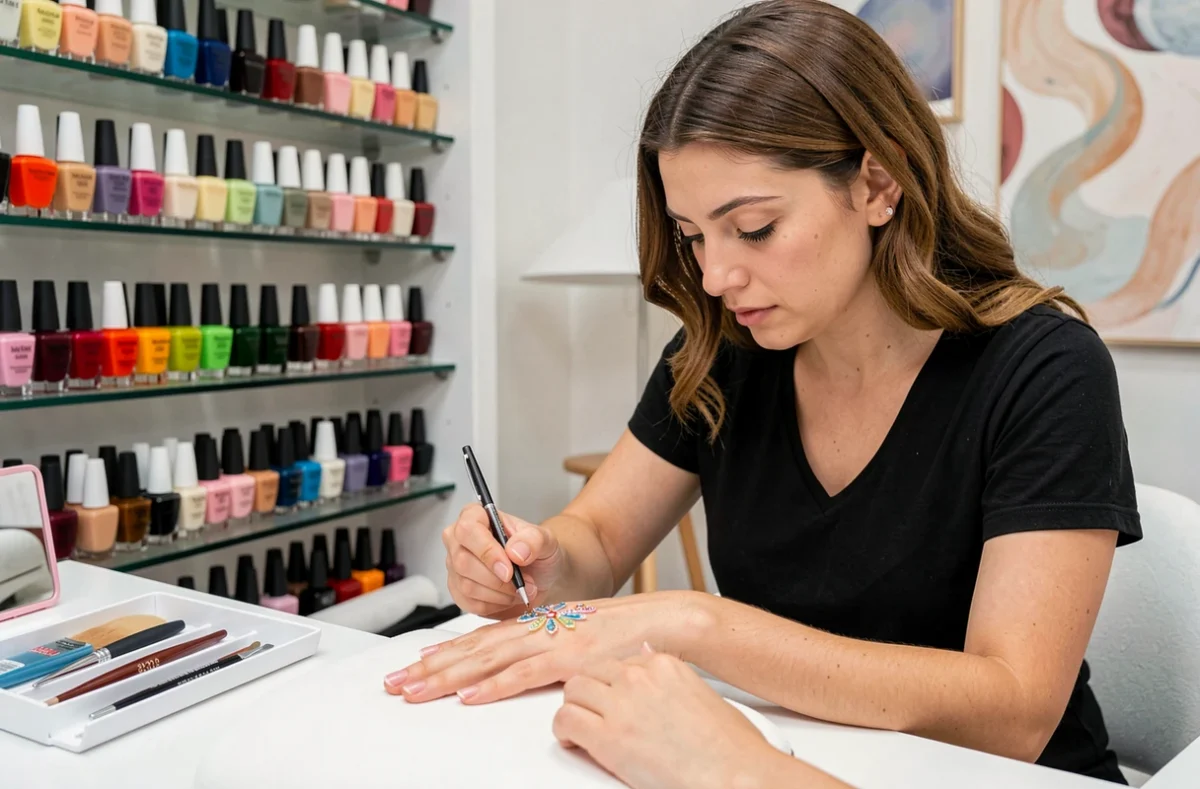 Nail artist réalisant un nail art précis sur une cliente à L'Onglerie dans le 2e arrondissement de Lyon