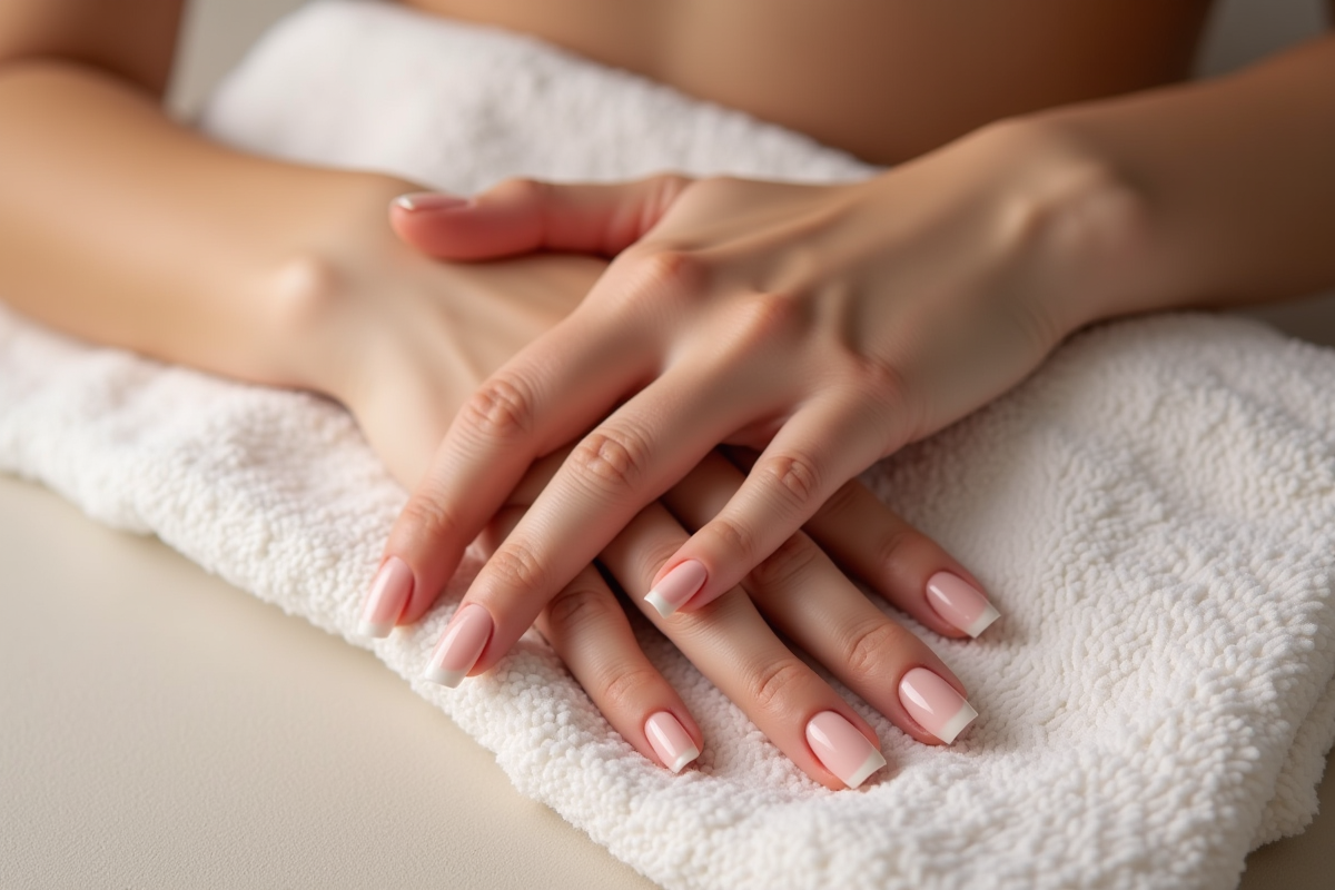 Main avec ongles en gel fraîchement limés sur une serviette