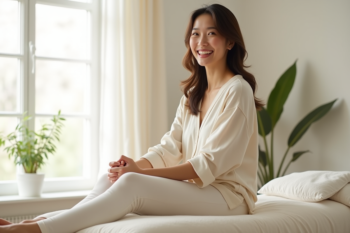 Personne souriante assise sur une table de massage dans une pièce lumineuse