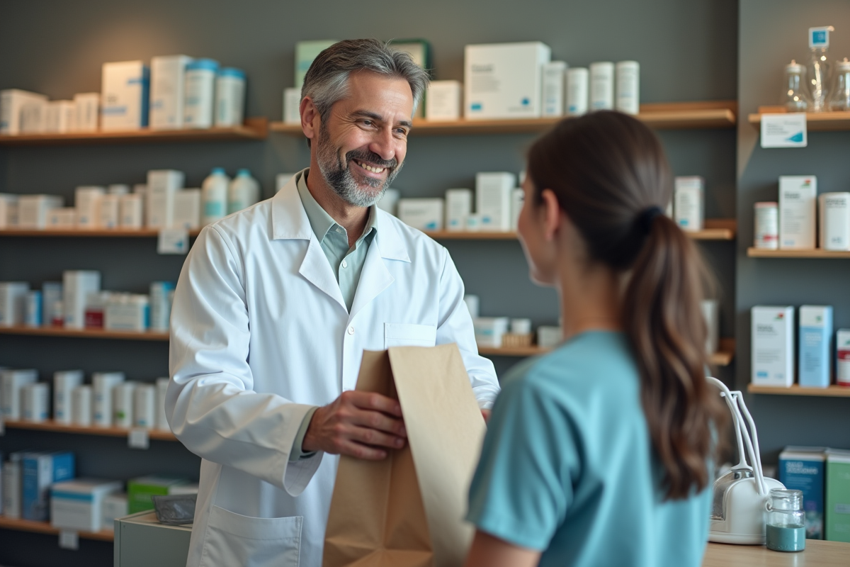 Pharmacien professionnel remettant un sac de parapharmacie