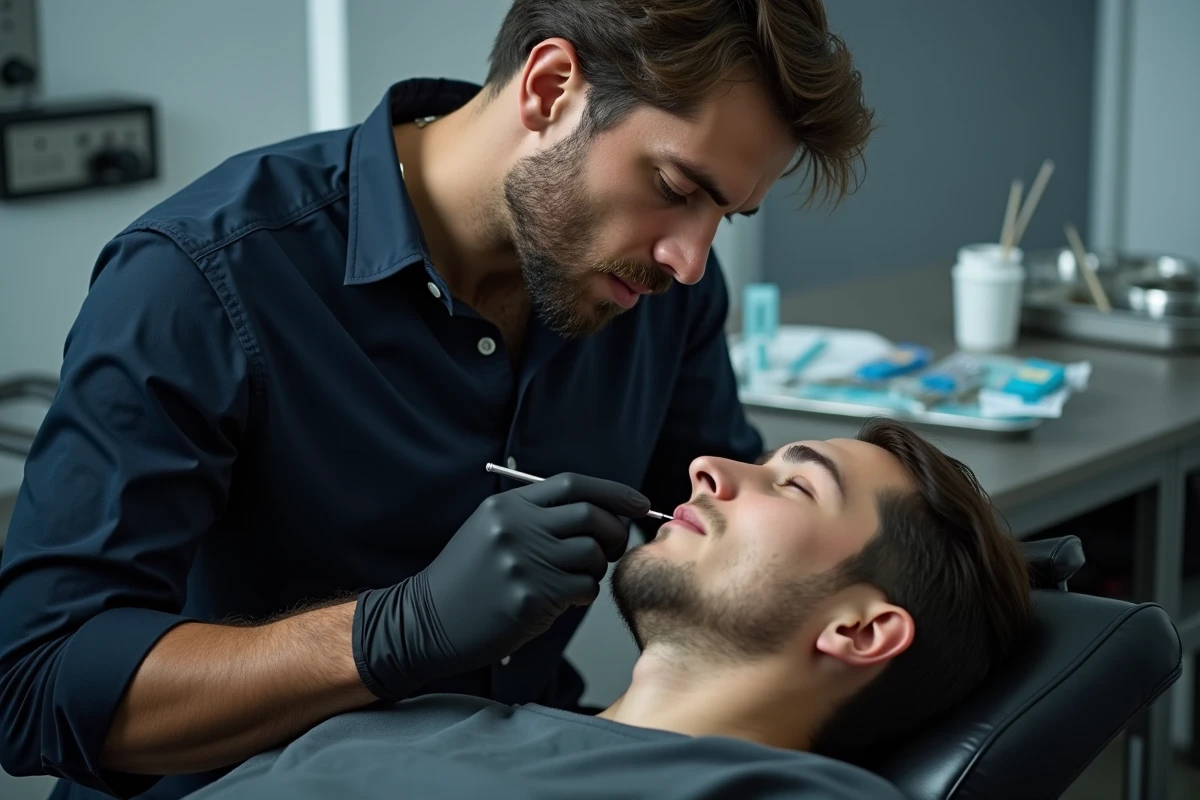 Pierceur professionnel en studio stérile examinant la zone du labret d'un client avant la pose du piercing