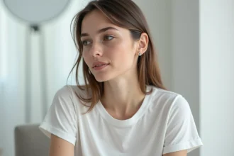 Jeune femme avec un piercing labret décalé sous la lèvre inférieure, bijou plat visible et peau naturelle en gros plan
