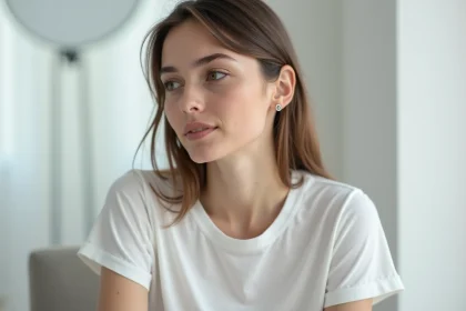 Jeune femme avec un piercing labret décalé sous la lèvre inférieure, bijou plat visible et peau naturelle en gros plan