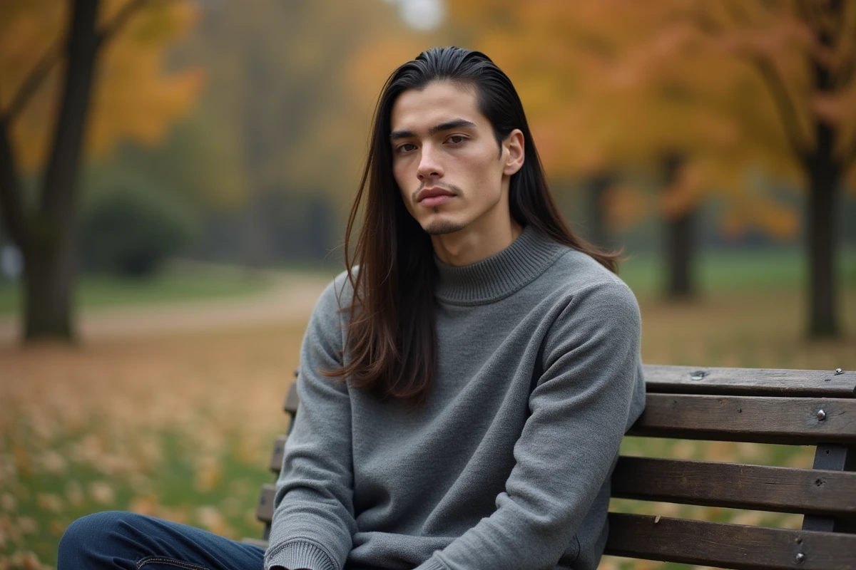 Portrait homme cheveux longs dégradé bas en milieu naturel automnal, vue épaules avec fondu de tempes visible
