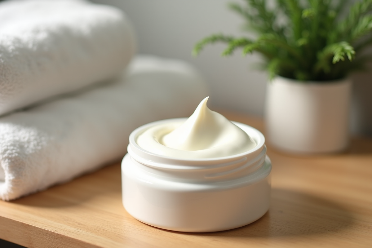 Pot de creme hydratante sur un comptoir en bois avec serviette et plante