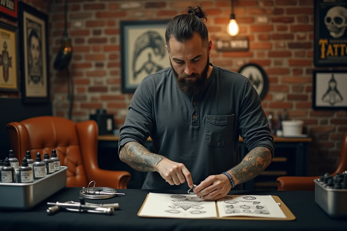 Tatoueur préparant son poste de travail avec encres et stencils avant une séance dans un salon de tatouage indépendant