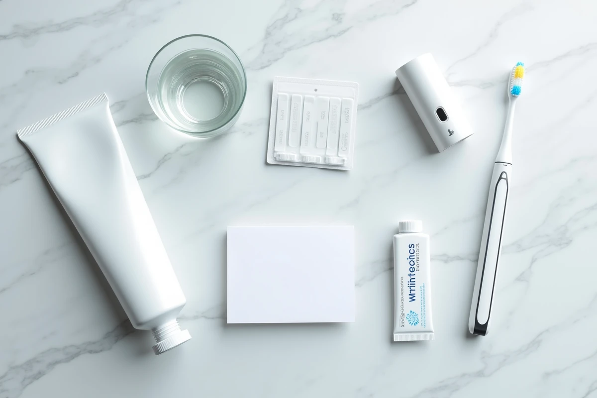 Produits de blanchiment des dents à domicile disposés en flat lay sur marbre gris incluant dentifrice strips et brosse électrique