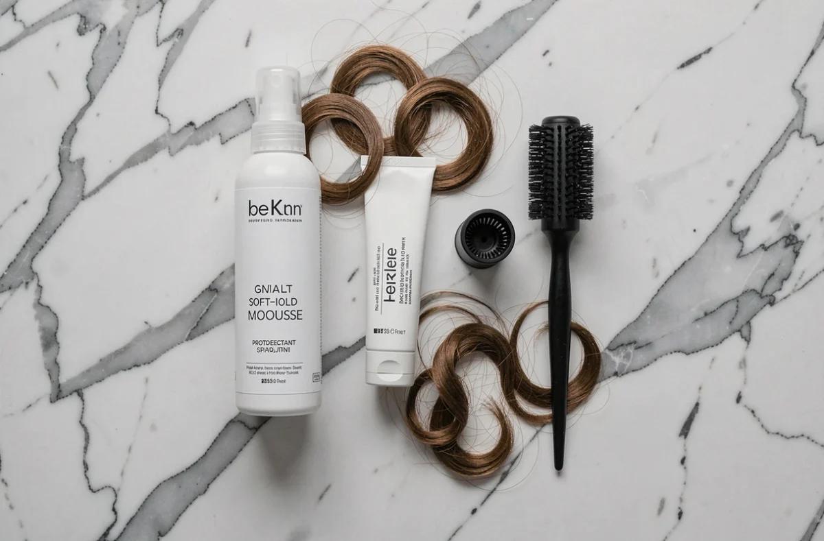 Produits coiffants pour cheveux fins courts disposés sur un comptoir en marbre pour réaliser une mini vague sans frisottis