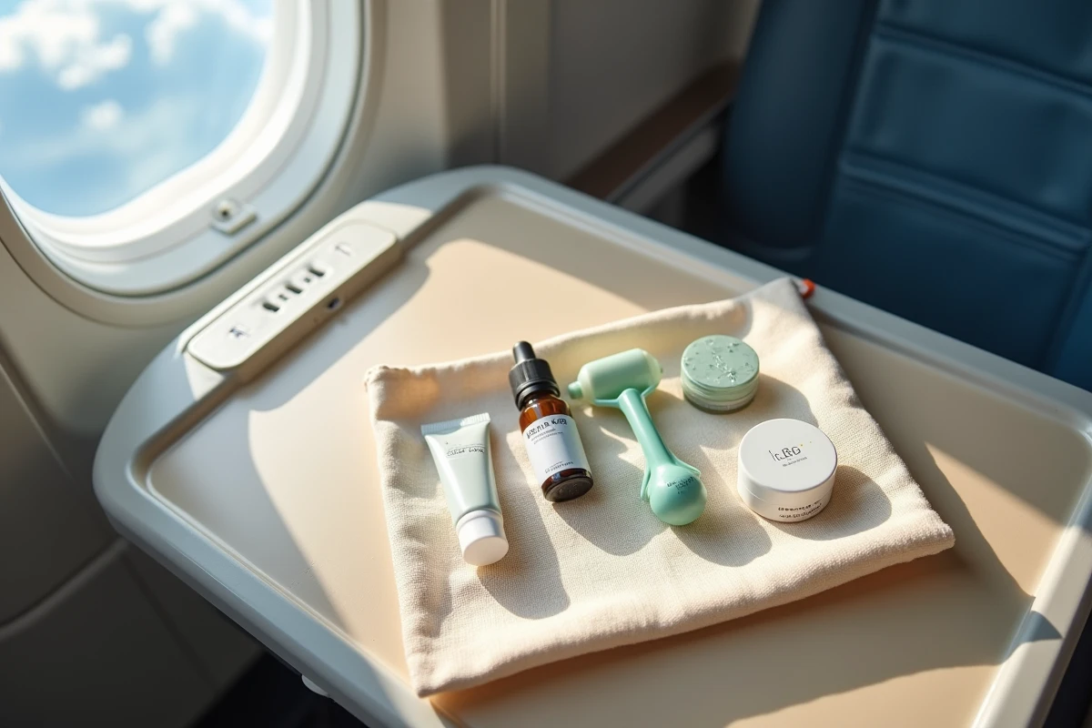 Sélection de produits hydratants et maquillage voyage posés sur la tablette d'un avion, trousse beauté vol long courrier