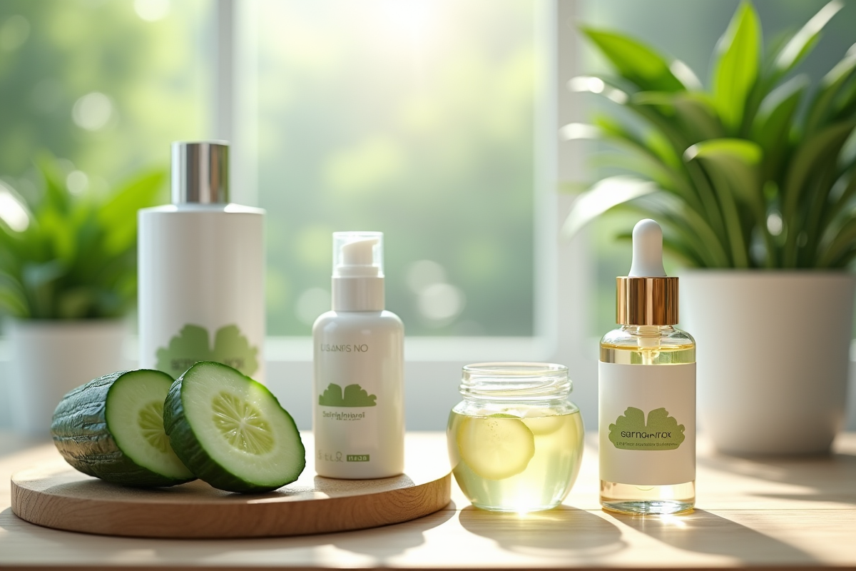 Produits de soin naturels avec concombre et eau florale sur une table lumineuse