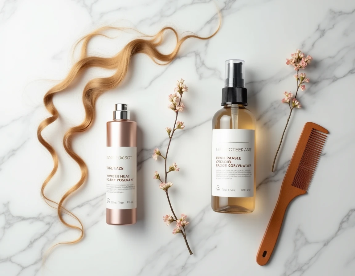 Duo de produits capillaires, spray protecteur thermique et sérum réparateur, posés sur du marbre blanc en flat lay