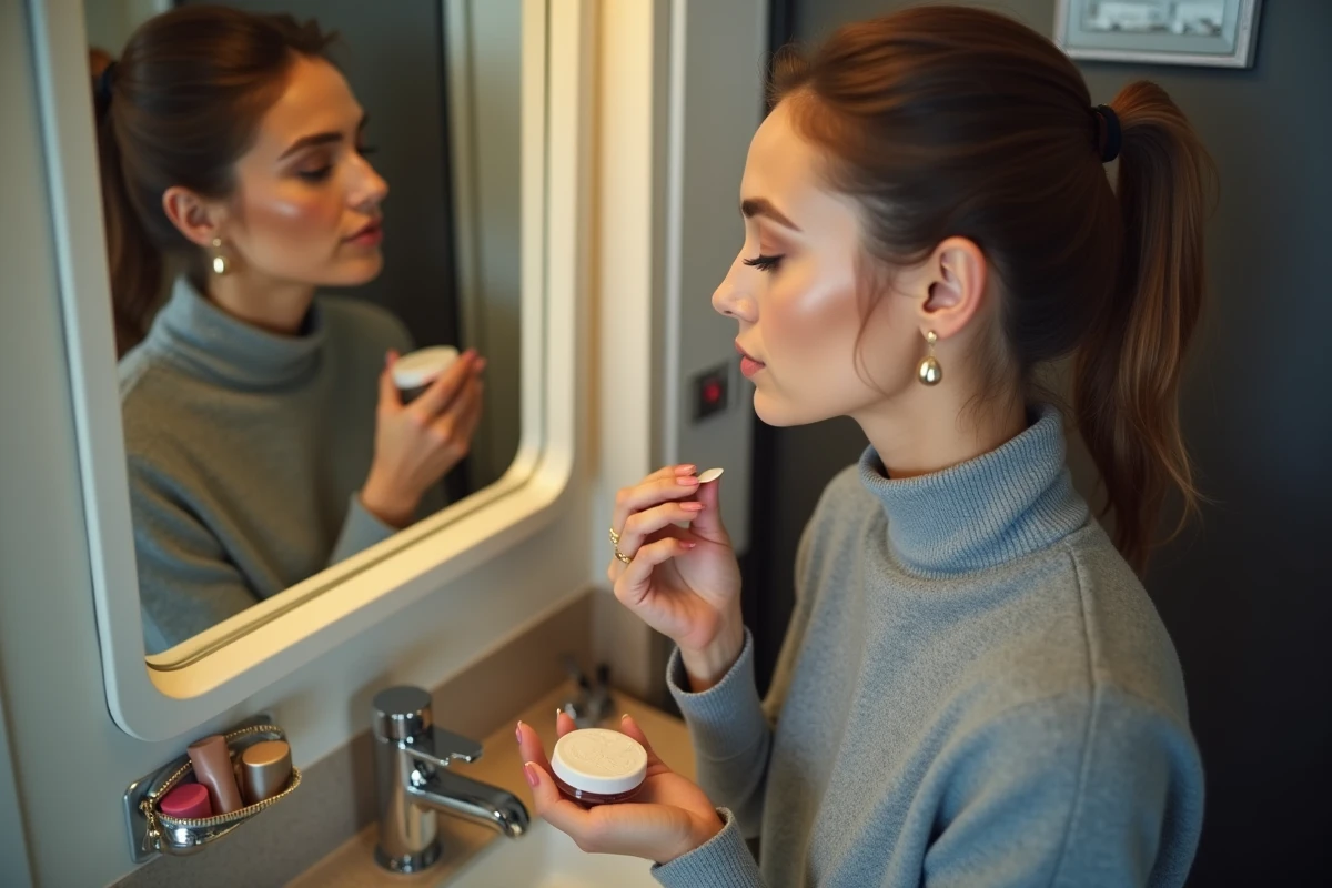 Femme retouchant son maquillage dans les toilettes d'un avion avec une trousse de beauté voyage