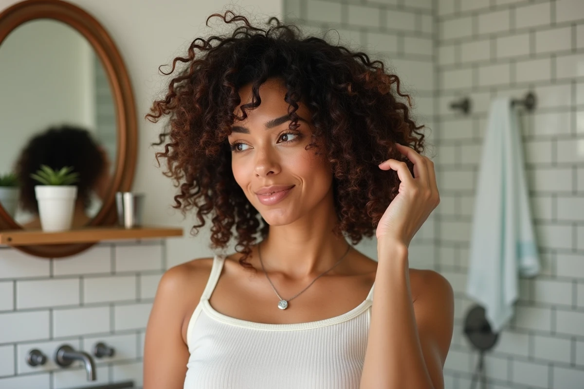 Femme appliquant de la cr&egrave;me coiffante sur sa coupe shaggy boucl&eacute;e dans une salle de bain naturelle