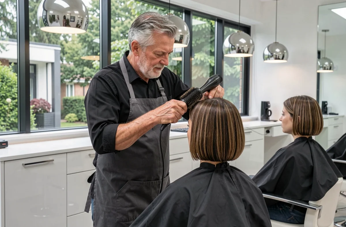 Le coiffeur Bruno Flaujac finissant une coupe brushing dans son salon de Castanet