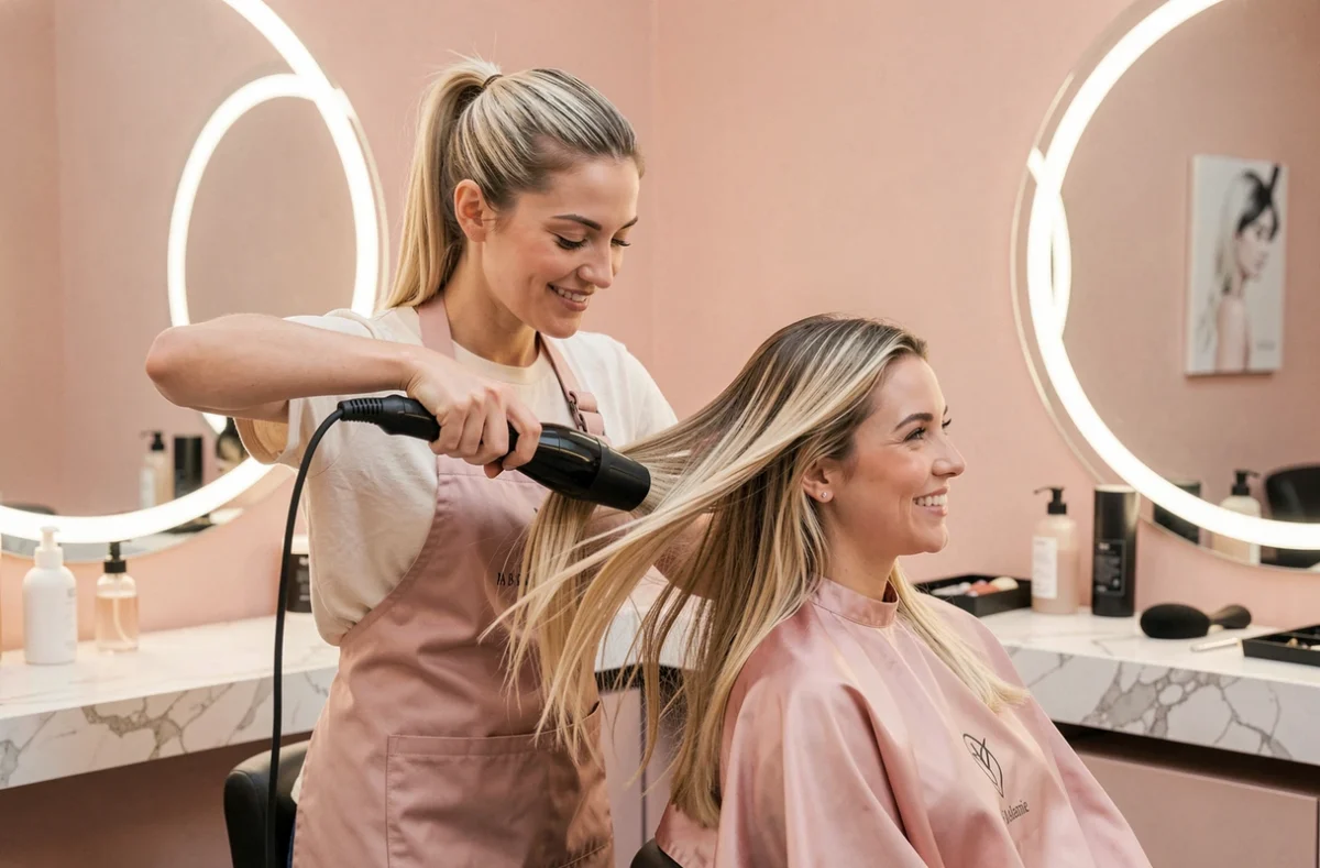 Coiffeuse du salon By Mélanie en train de brusher les cheveux d'une cliente