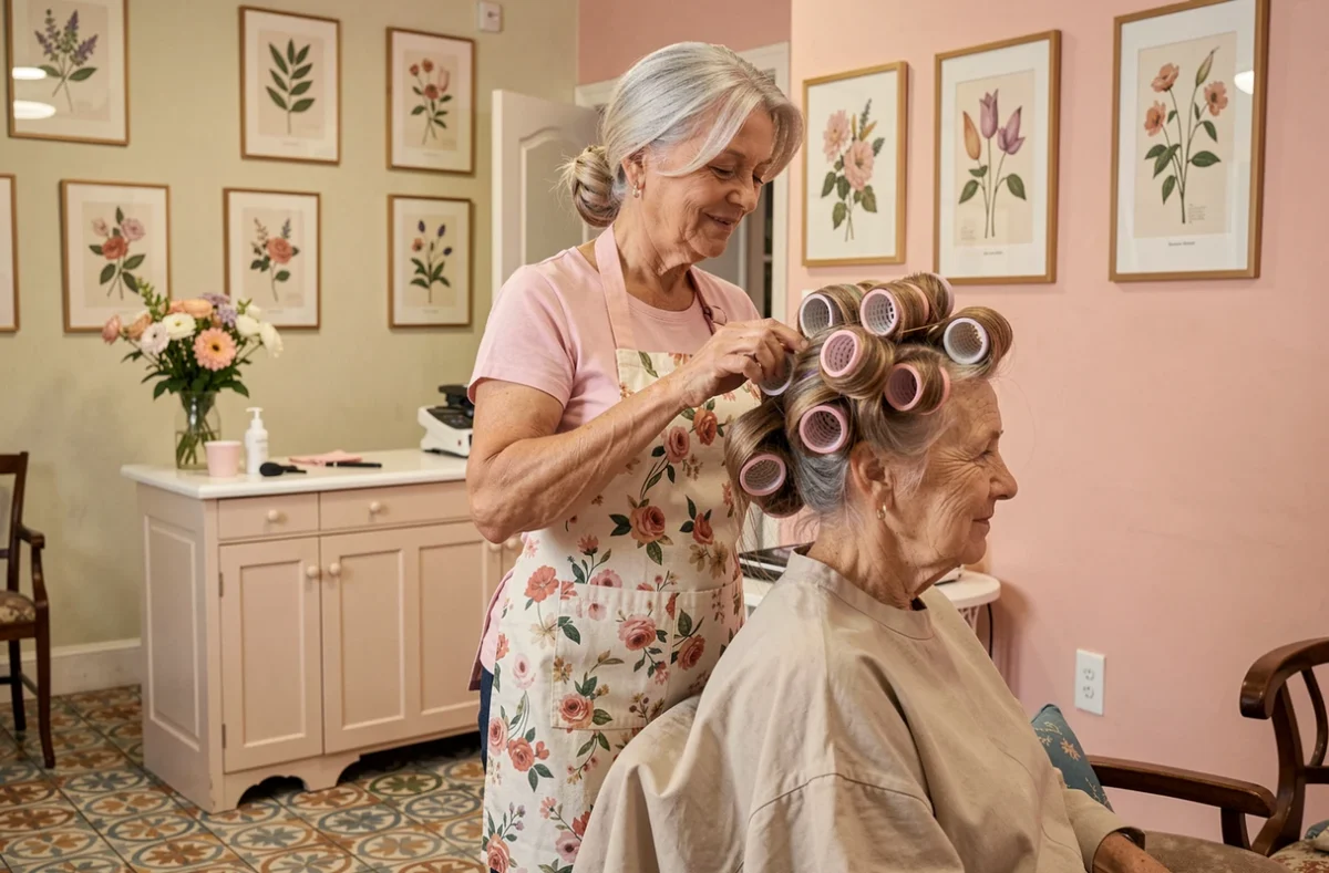 Coiffeuse du salon Chez Germain réalisant une mise en plis traditionnelle