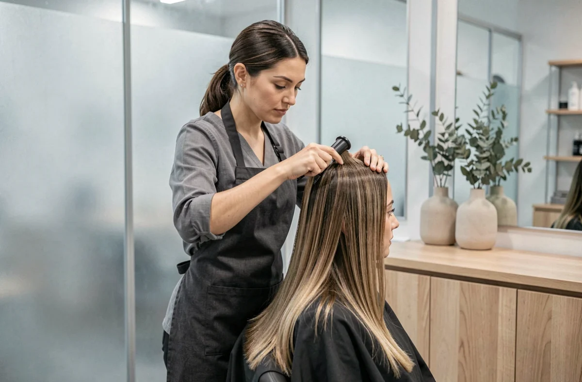 Coiffeuse du salon Infiniment Coiffure appliquant un soin sur les cheveux d'une cliente