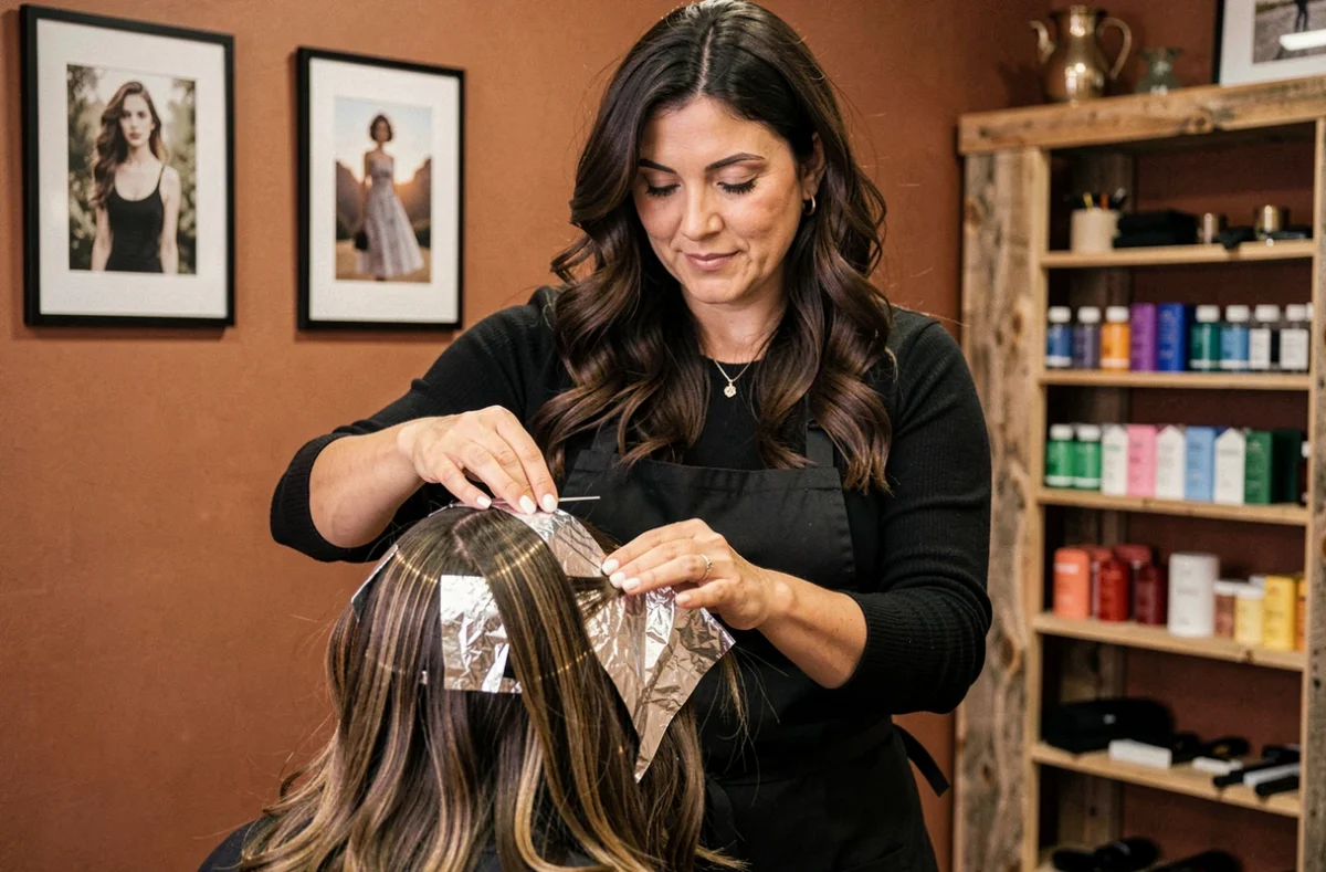 La coiffeuse Krystel M. réalisant des mèches pour une cliente dans son salon