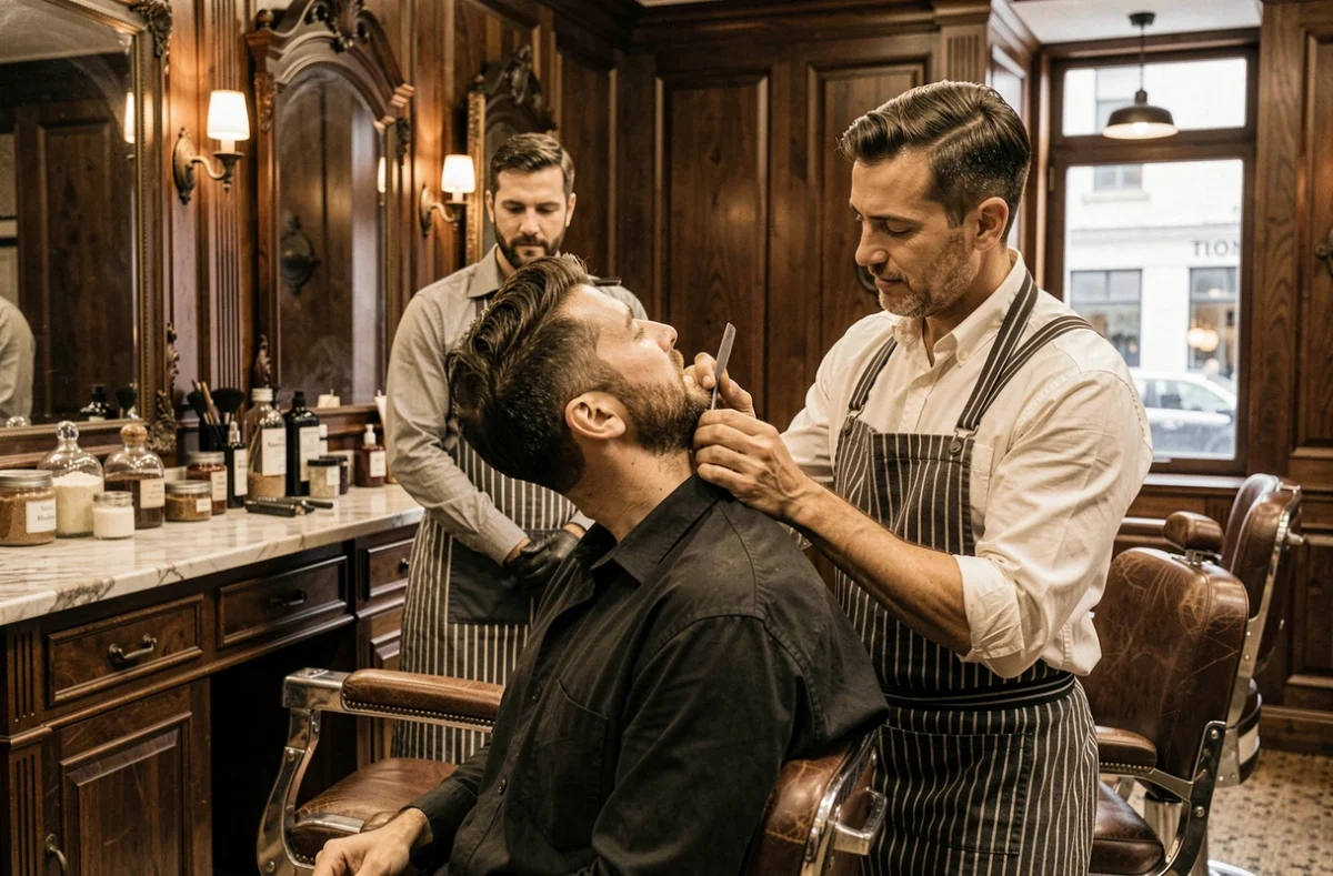 Barbier du salon Tonsor et Cie réalisant un rasage traditionnel à la lame