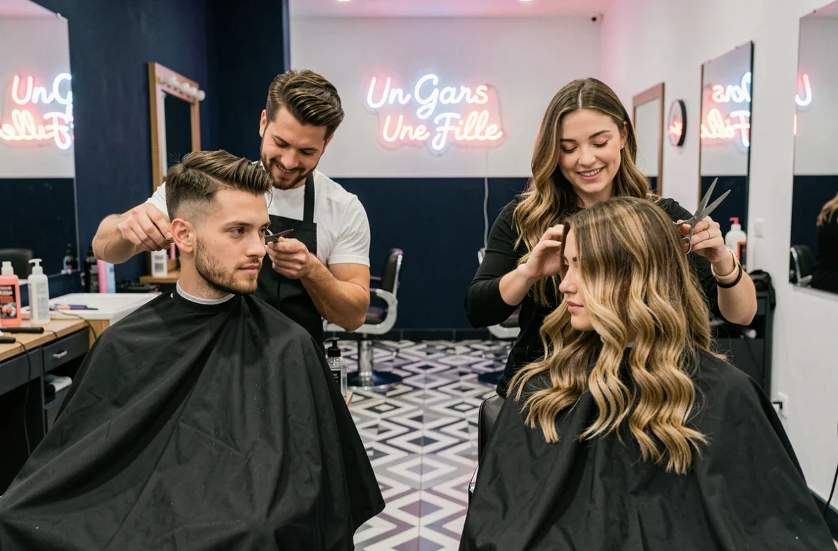 Duo de coiffeurs du salon Un Gars Une Fille travaillant côte à côte