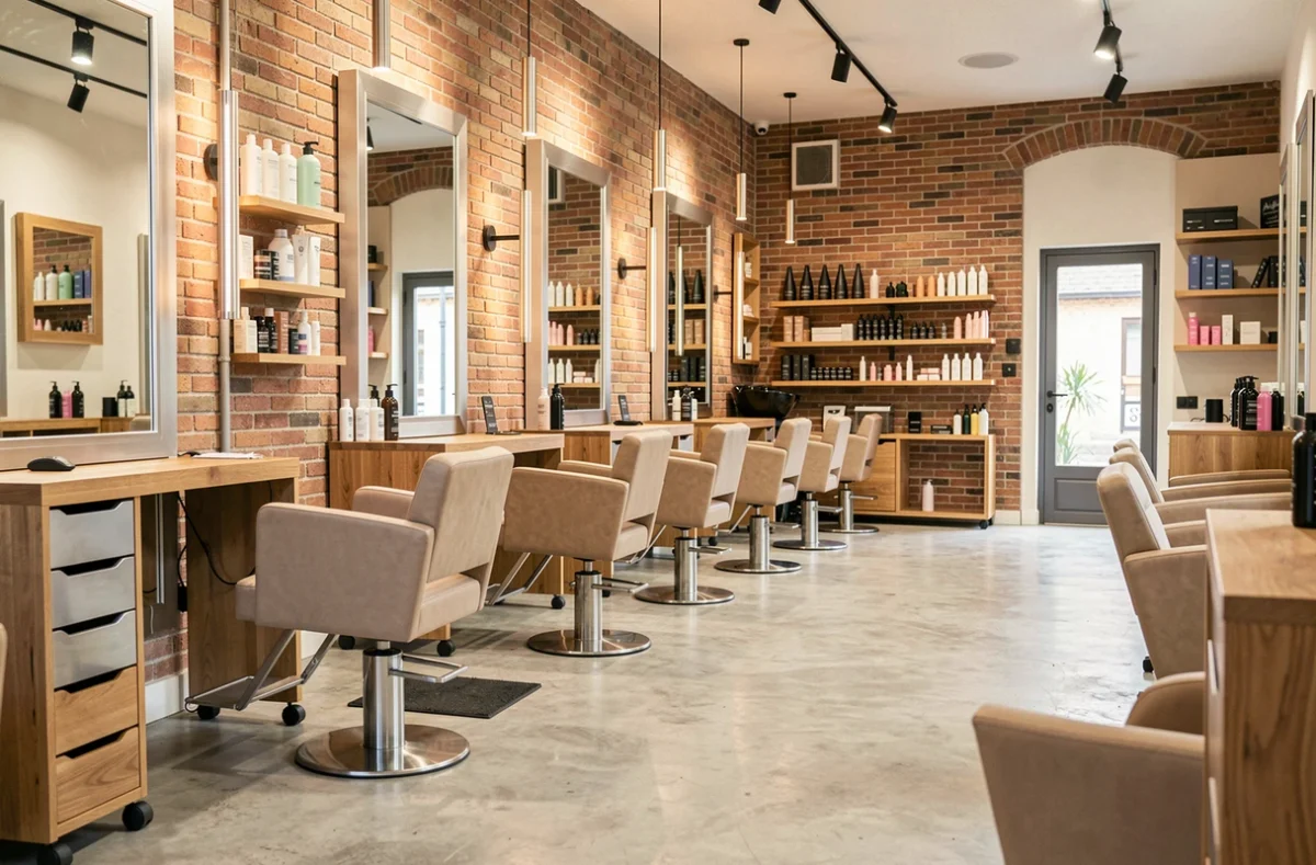 Intérieur d'un salon de coiffure moderne en Haute-Garonne avec fauteuils et miroirs