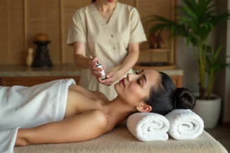 Spa balinais avec femme détendue et thérapeute appliquant huile