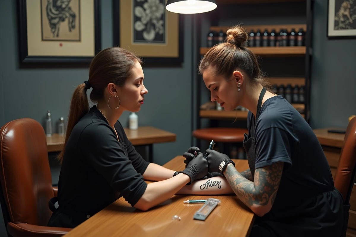 Séance de tatouage d'un prénom en hommage dans un studio professionnel, tatoueur au travail sur le bras d'une femme