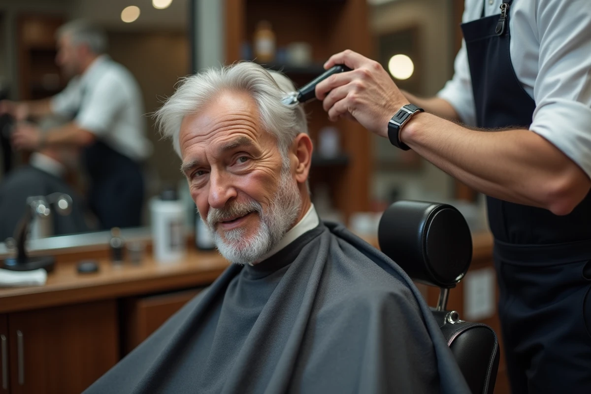 Coiffeur appliquant un soin neutralisant jaune sur les cheveux blancs d'un homme en salon de coiffure