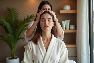 Femme recevant un massage du cuir chevelu dans un spa calme