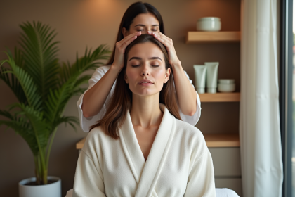 Femme recevant un massage du cuir chevelu dans un spa calme