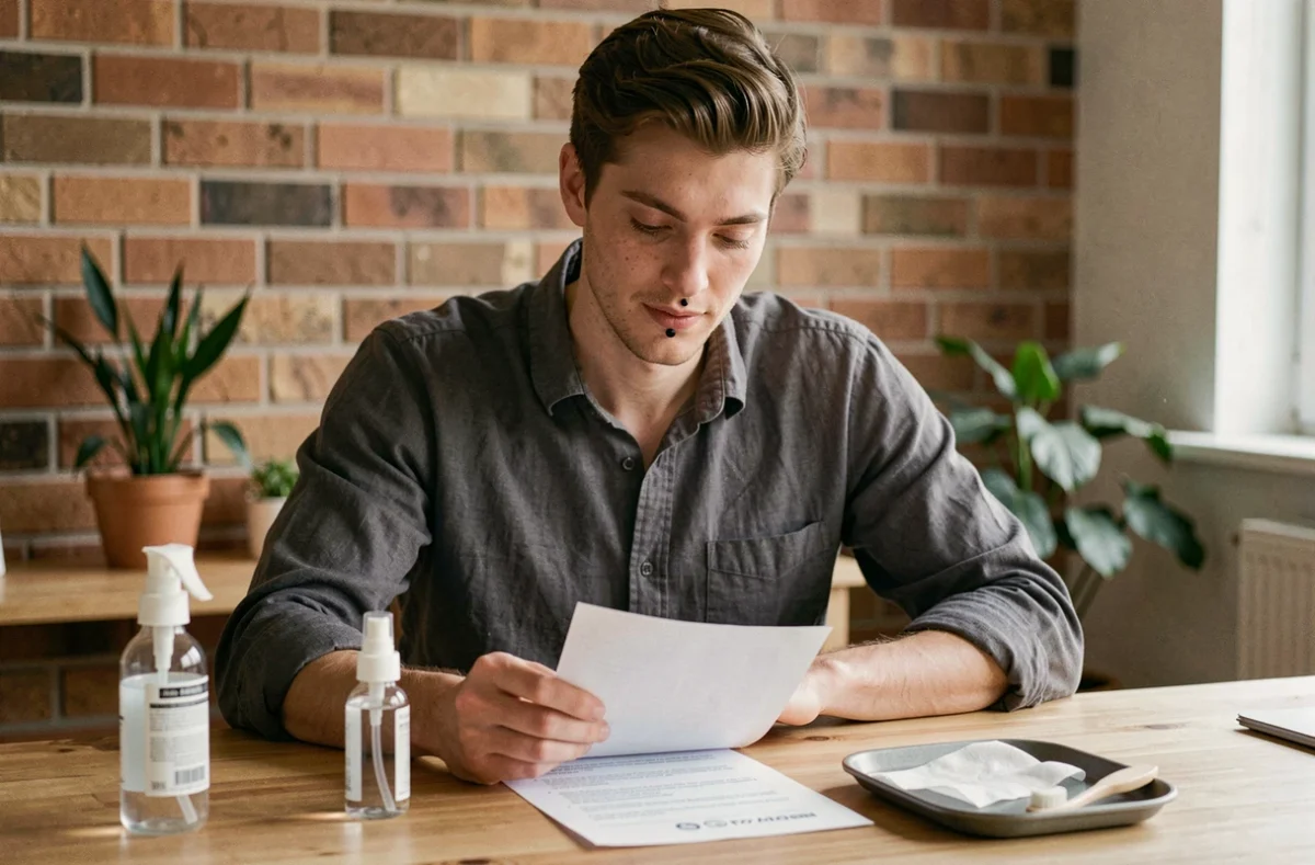 Homme consultant une fiche de conseils d'entretien pour piercing labret avec produits de cicatrisation posés sur un bureau en bois