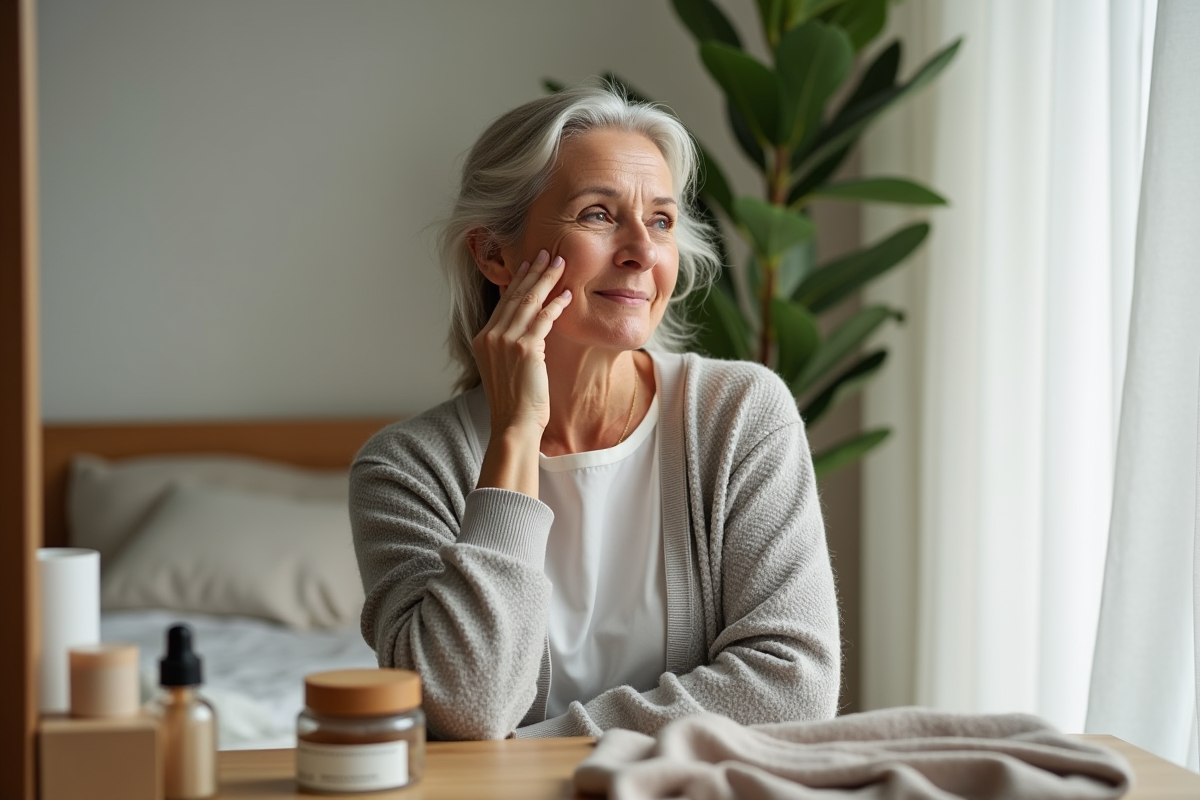 Femme appliquant crème anti-âge dans une chambre lumineuse