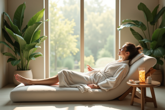 Salle de spa moderne avec femme en peignoir relaxant