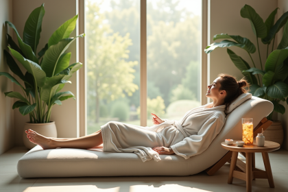 Salle de spa moderne avec femme en peignoir relaxant