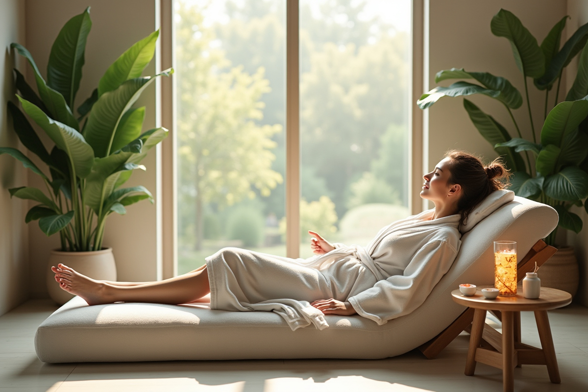 Salle de spa moderne avec femme en peignoir relaxant