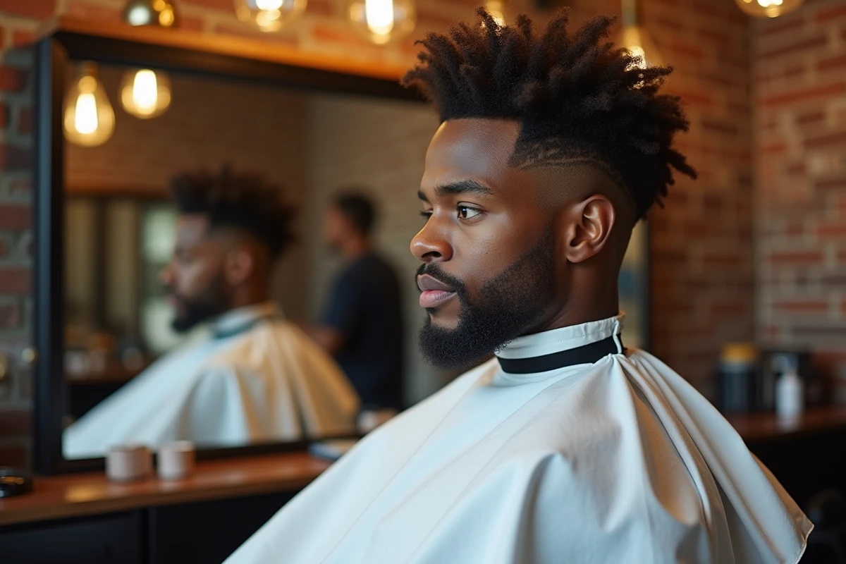 Jeune homme Black avec une coupe taper fade sur cheveux bouclés naturels assis dans un fauteuil de barbier moderne