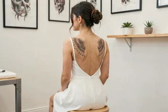 Tatouage ailes d'anges dans le dos d'une jeune femme en studio de tatouage, motif délicat aux fines lignes et ombres détaillées