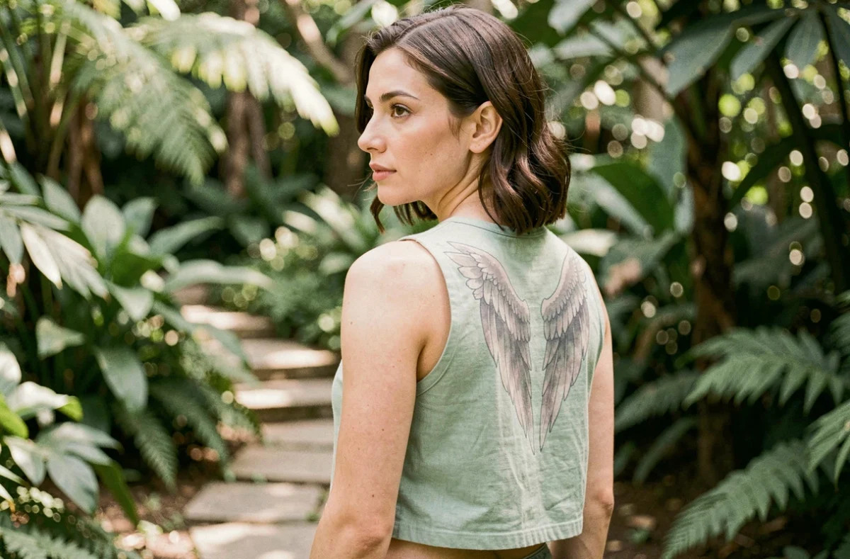 Femme avec tatouage ailes d'anges aquarelle sur les épaules dans un jardin botanique, rendu délicat et aérien