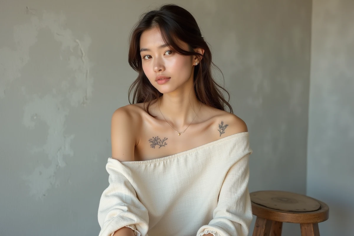 Jeune femme avec un tatouage fin sur l'épaule et la clavicule, style botanique, photographiée en studio minimaliste